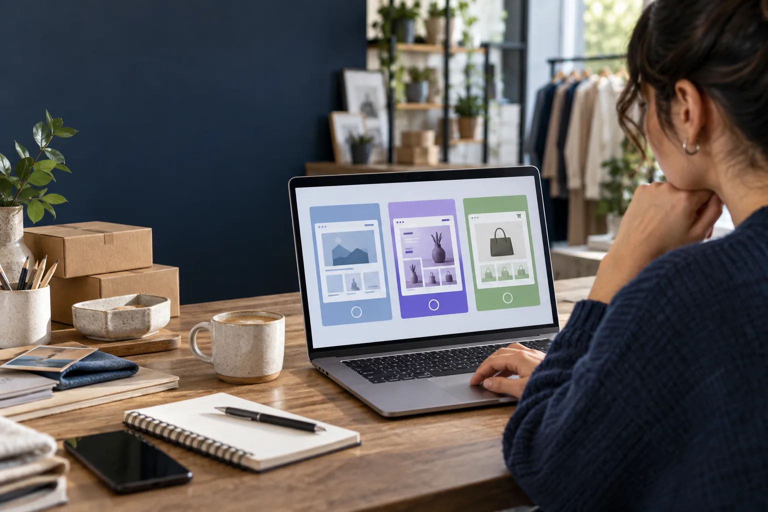 Small-business owner comparing three website-building approaches on a laptop at a shop workspace.