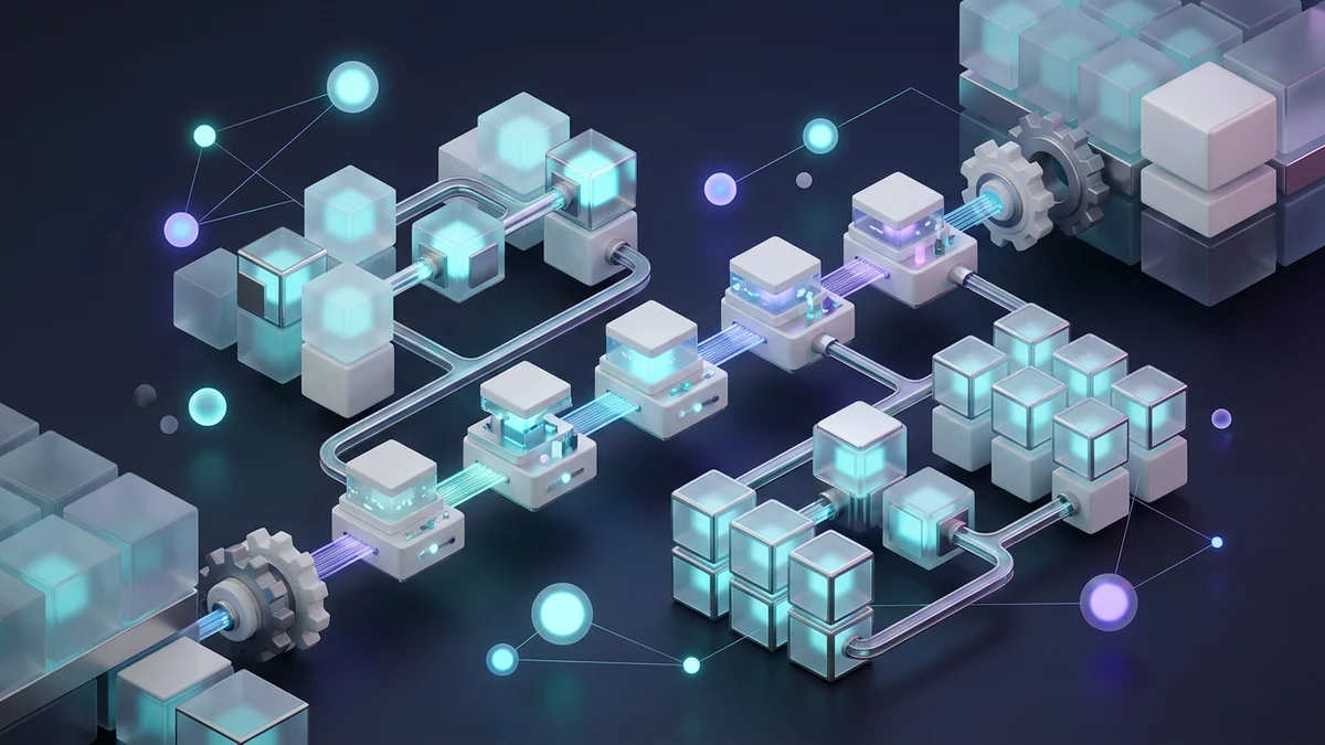 3D conceptual editorial artwork showing custom CRM relational data cubes, sales pipelines, and ERP integration mechanics.