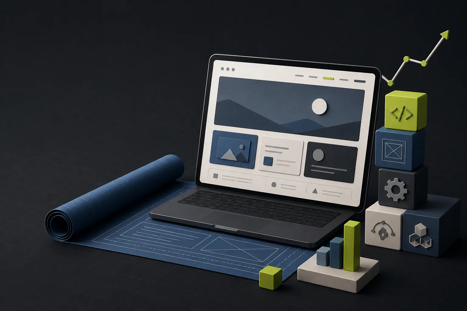 Laptop with a custom website interface, blueprint, code blocks, and growth chart