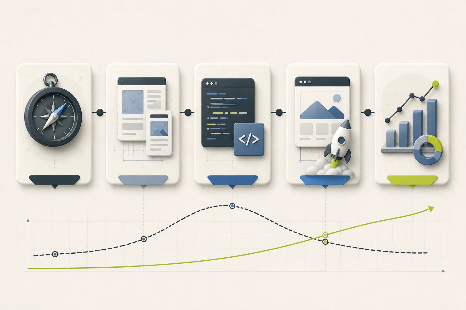 Five visual stages of custom website development from discovery and design through coding, launch, and growth