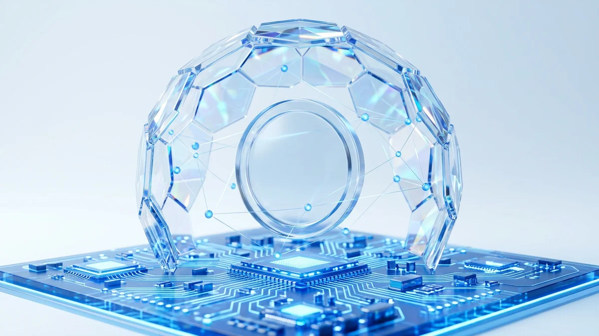 3D editorial illustration of a translucent glass coin floating above a glowing circuit board inside a protective shield