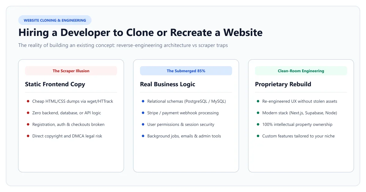 Website cloning and engineering breakdown contrasting static HTML scrapes with clean-room backend architecture.