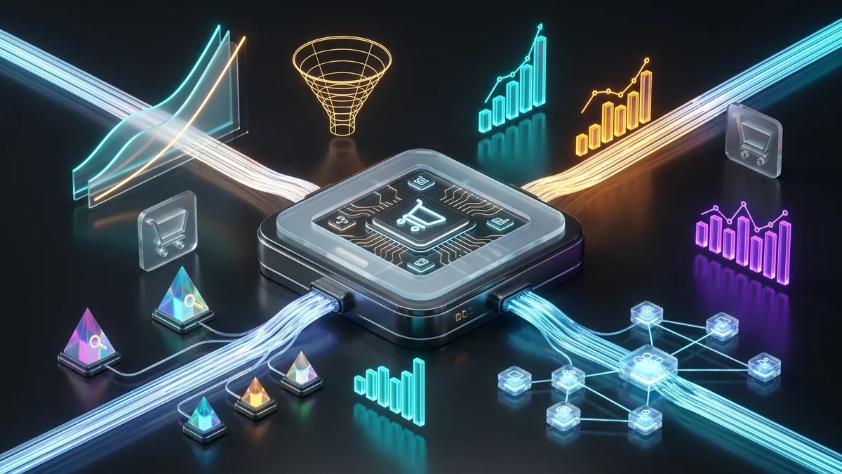 E-commerce advertising infrastructure showing server-side tracking, Google Shopping feed pipelines, and Meta social campaign conversion nodes.