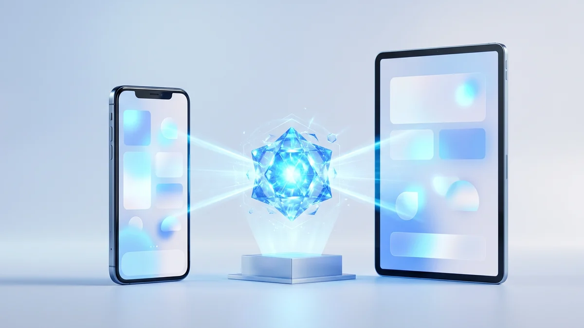 3D editorial illustration of one glowing blue crystal core projecting into a phone and a tablet screen side by side