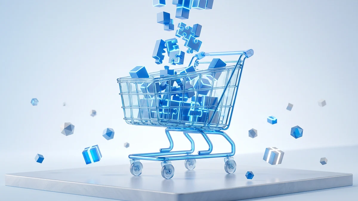 3D editorial illustration of an open glass shopping cart with glowing modular blocks being fitted into it
