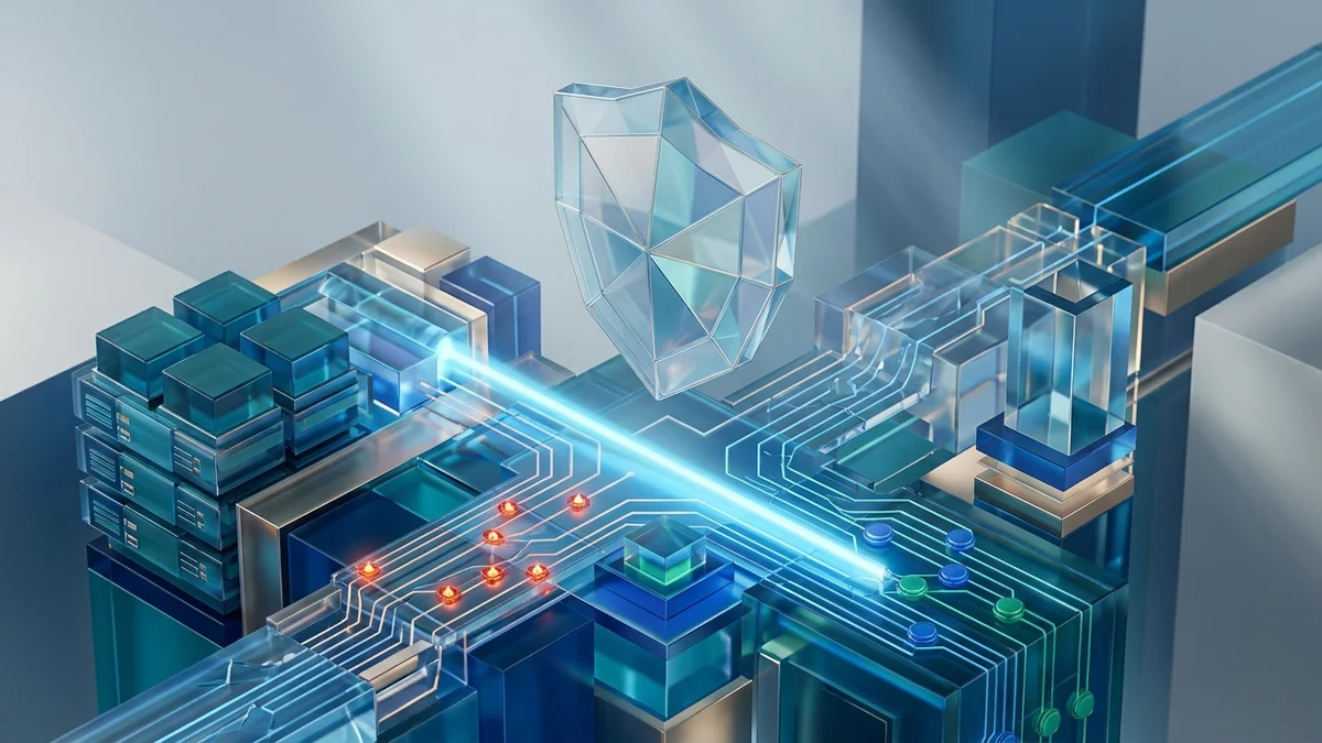 3D editorial illustration of a secure glowing digital fortress and cyber shield inspecting PHP backend architecture