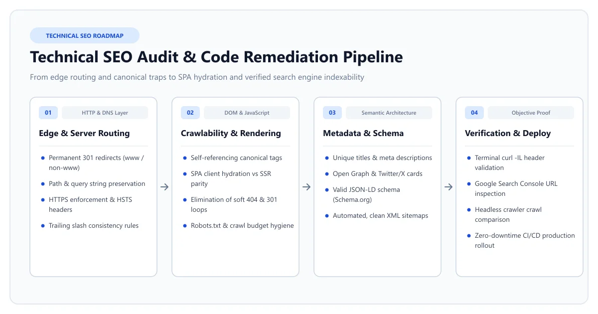 Technical SEO audit and remediation pipeline covering edge routing, crawlability, metadata, and verification.