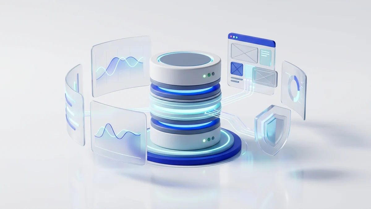 3D isometric conceptual illustration of website administration showing server uptime monitoring, security shield governance, and modular content control panels