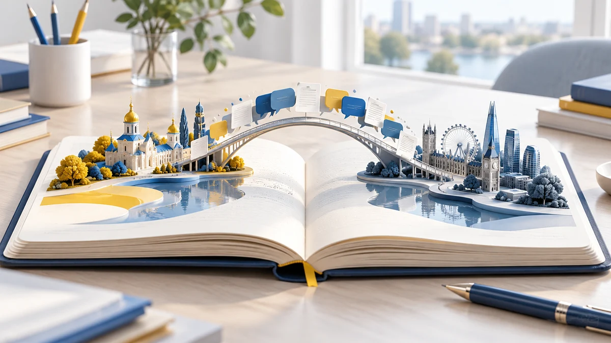 3D conceptual illustration of an English–Ukrainian translation brief connecting two language panels across a blue and yellow bridge