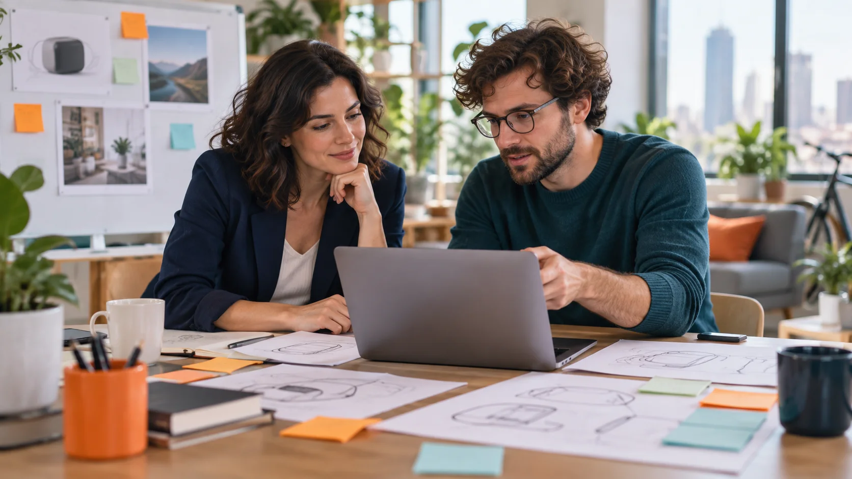 Two startup founders reviewing a product concept and technical plan together at a laptop