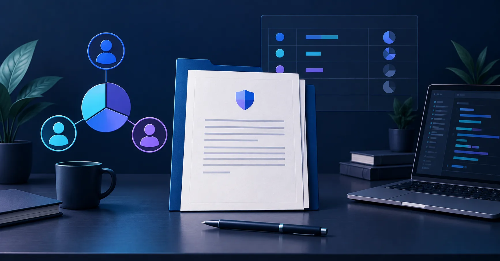 A startup founder agreement, equity chart, and software project on a laptop illustrate technical co-founder ownership protection.