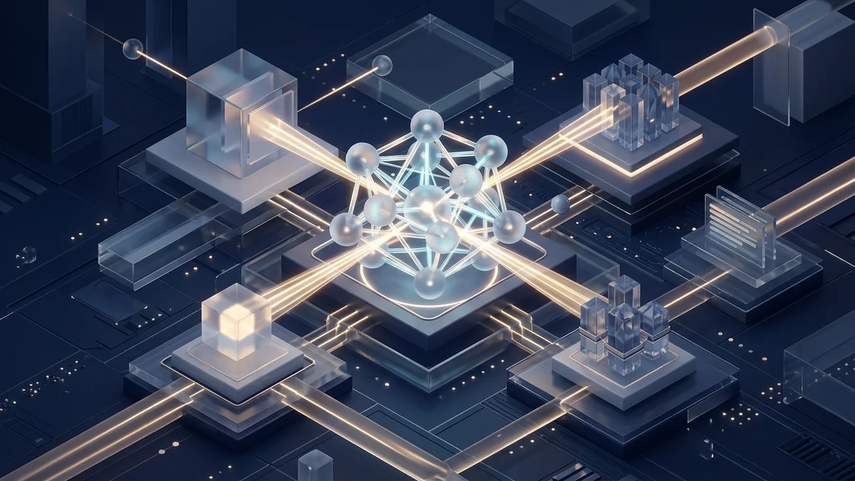 3D conceptual illustration of Generative Engine Optimization, neural network core, indexed data crystals, vector nodes, and refractive citation beams.