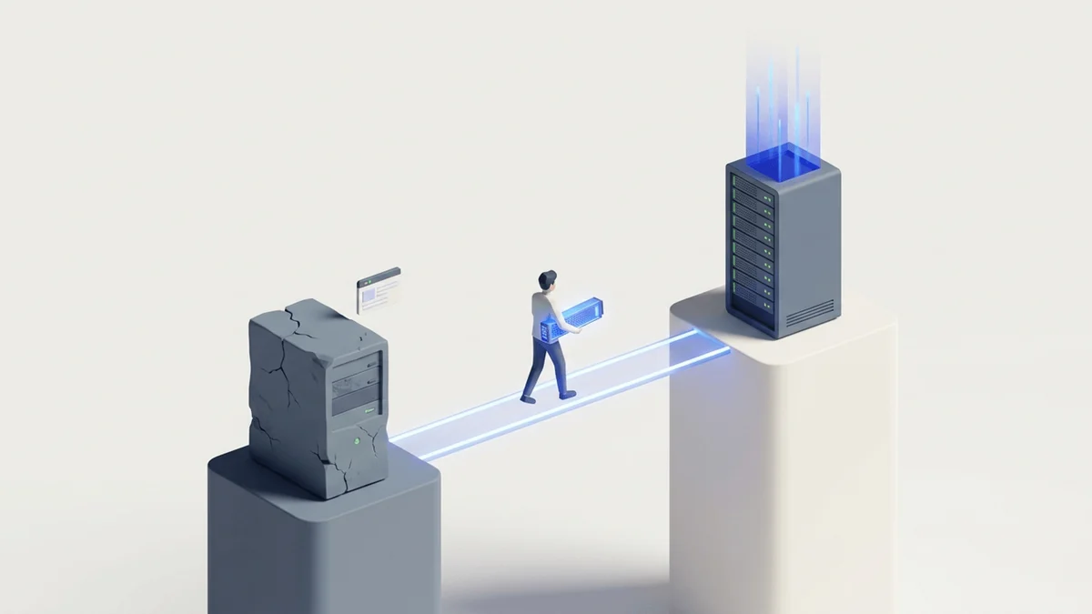 Isometric 3D editorial artwork of a specialist carrying a glowing server blade from a cracked legacy tower across a light bridge toward a modern VPS rack.